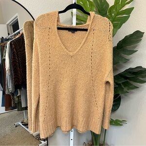 🤎 American Eagle Hooded V-Neck Sweater | Open Knit Slouchy Tan Sz M